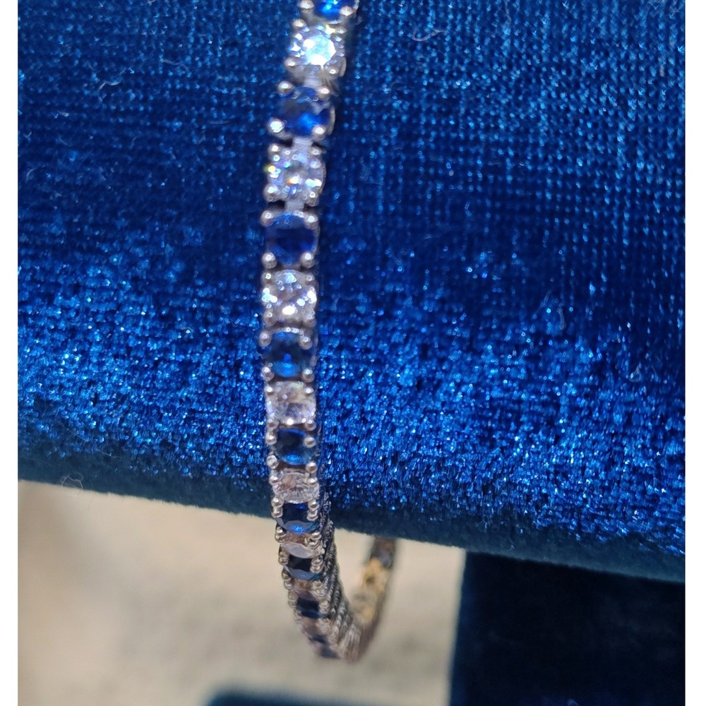 Tennis Bracelet‎ Silver Blue White Round Cut 925 Sterling Box Clasp